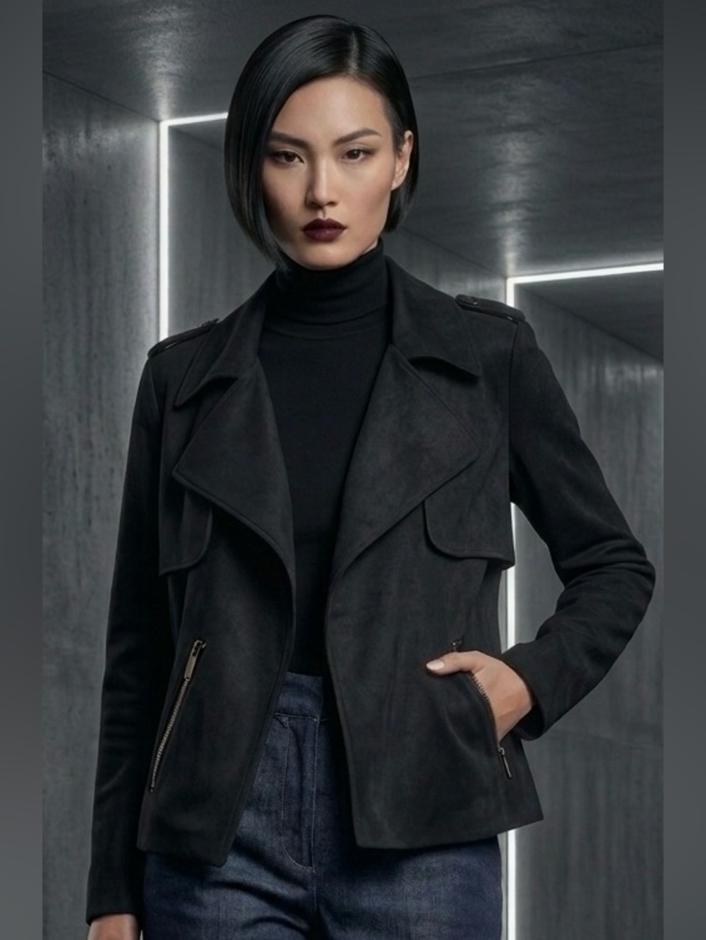 KUT from the Kloth Jacee Draped Faux Suede Moto Jacket Black Size L
